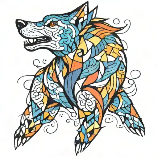 A New-school Tattoo Of A Colorful Puzzle Pattern Forming The Shape Of A Howling Wolf