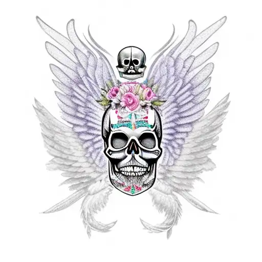 A Girlie Skull Adorned With Intricate Scrapbooking Patterns And Surrounded By Angel Wings And Halos
