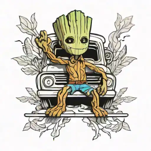 Design A Tattoo Of Baby Groot Holding A Chevy Truck Bow Tie As A Symbol Of Unity