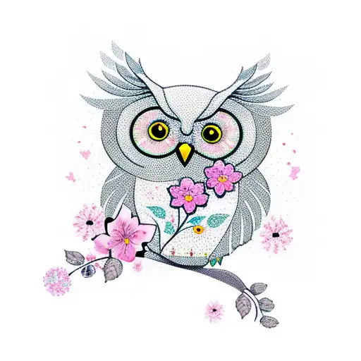 Owl With Sakura Flowers