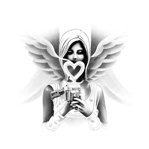 A Blackwork Design Of An Angelic Figure Gracefully Blowing Kisses While Holding A Gun