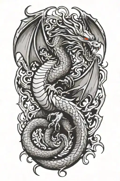 Dragon Coiled Up With The Phoenix Flying Out From Its Fire Breath