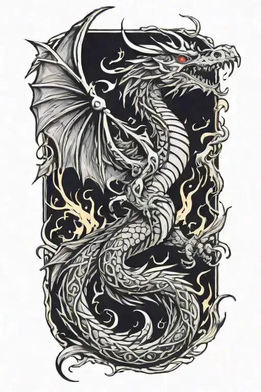 Dragon Coiled Up With The Phoenix Flying Out From Its Fire Breath