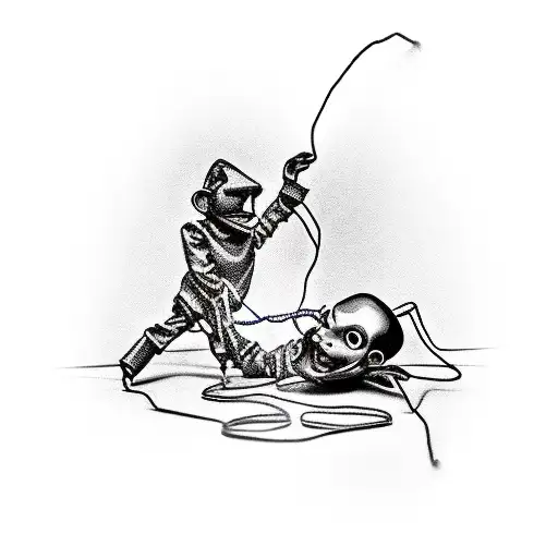 Evil Puppeteer Pulling Strings Attached To Skin Of Human Marionette In Agony
