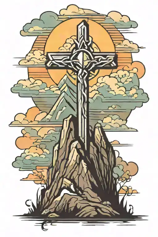 Beautiful Cross On The Top Of A Moutain With Sunrise Integrated