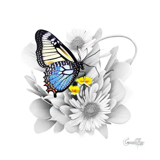 Black And Yellow Butterfly Witu Flowers With The Name Gregoria Carranza