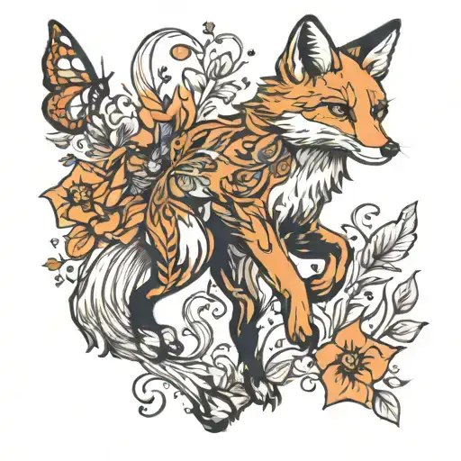 Full-length Fox Jumping With Butterflies And Flowers
