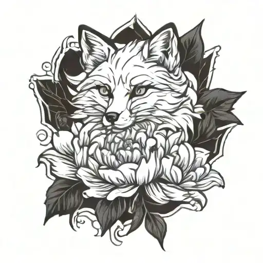 Fox On A Peony Background Black