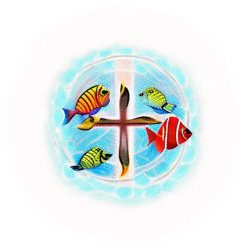 A Cross Made Of Fish Swimming In A Circle