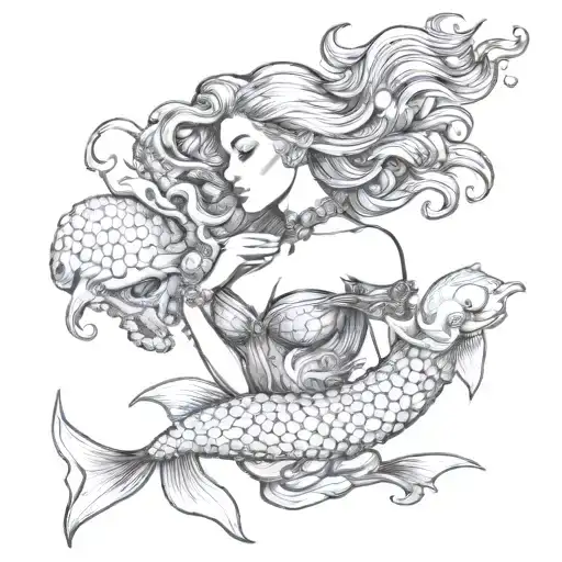 Mermaid From The Side With A Detailed Tail Holding Brain Coral
