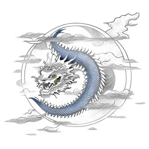 Japanese Dragon Clouds Planets Sun Rays Moon Geometric Sketch
