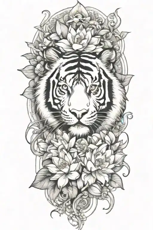 Tiger Surrounded By Lotus Flower Blooming