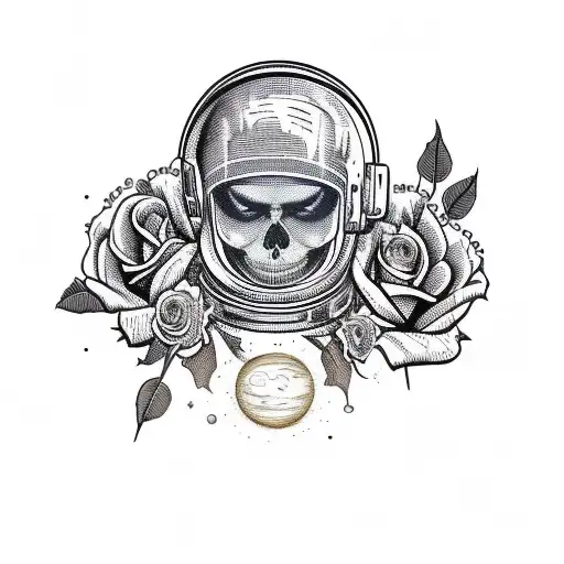A Skull Of An Astronaut In Space Helmet And Roses With Planets And Stars In The Background