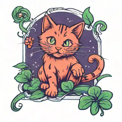 A Toy Red Cat Reaches Up With Its Paw Towards The Clover