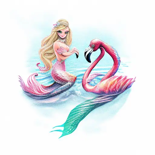 Flamingo And A Female Mermaid