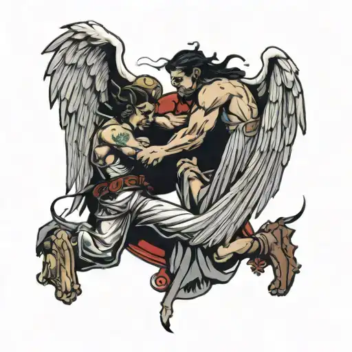 Lazaro Medina With A Bible Scripture Going Down The Spine Angel And Demon Fighting