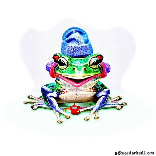 Cute Frog With Red Tea Hat With Purple Ribbon