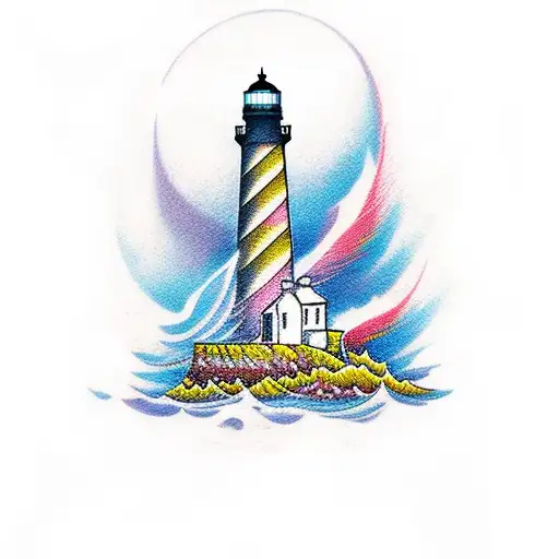 A Traditional Style Tattoo Of A Lighthouse With Waves Crashing Against It