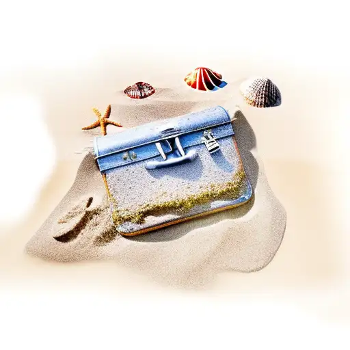 A Beach Scene With A Lawyer's Briefcase Buried In The Sand And Seashells Around It