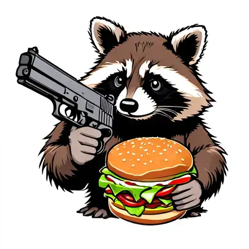 Raccoon With Hand Gun And Lunch Pale