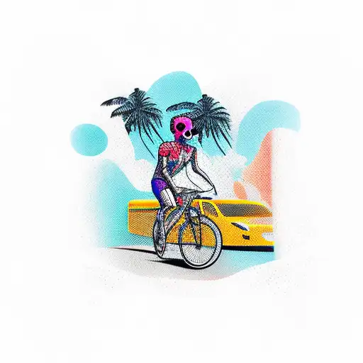 Skull With Palm Trees And Cyclist