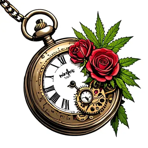 Steampunk Broken Pocket Watch With Roses And Cannabis Growing Through It