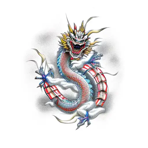 Traditional Japanese Dragon Entwined With A Skeletal Dragoon