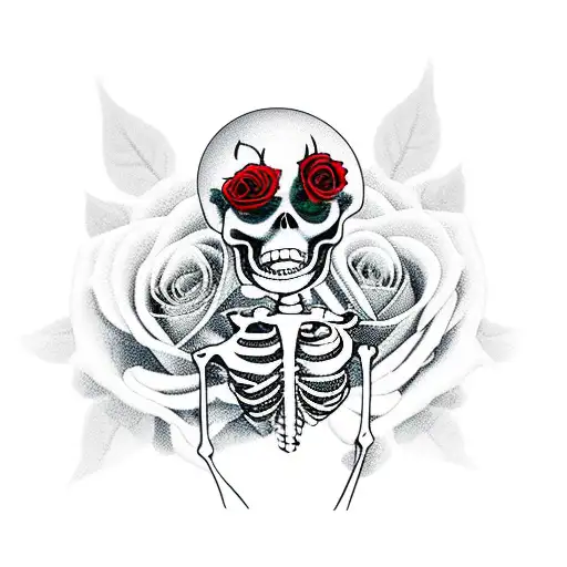 A Skeleton Playing A Piano Surrounded By Red Roses