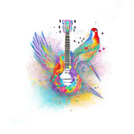 A Guitar Made Of Colorful Birds