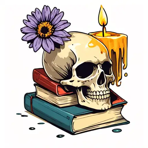 Skull With Flower Next To Melted Candle On Top Of Haphazard Stack Of Books