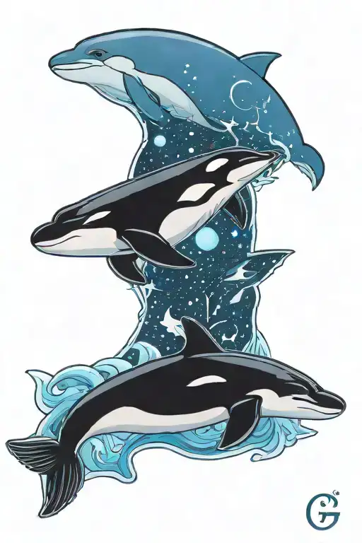 Pisces Symbol With A Polar Bear And An Orca Swimming In The Night Sky