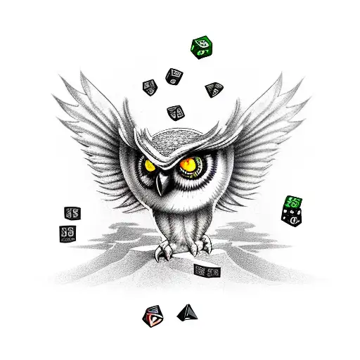 A New-school Tattoo Of An Owl Perched On A Stack Of Dungeon And Dragon Dice