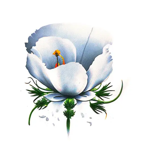 A Realistic Tattoo Of A California Poppy Growing From The Ground With Lyrics On The Long The Stems