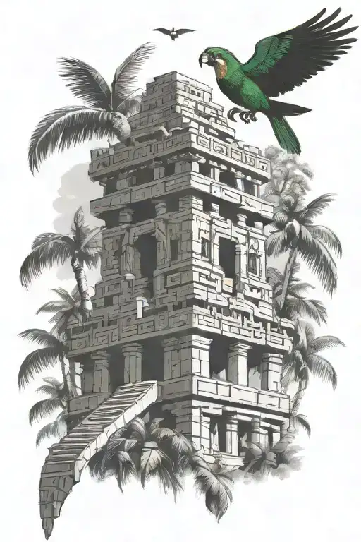 Quetzal Bird Over Mayan Temple In Banana Tree Forest