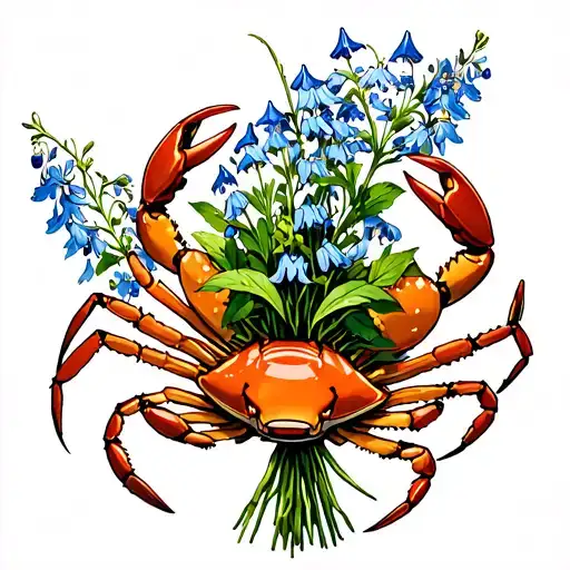Cancer Zodiac Crab Holding Bouquet Of Larkspur
