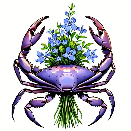 Cancer Zodiac Crab Holding Bouquet Of Larkspur