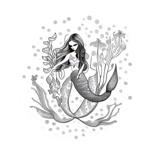A Dotwork Mermaid Surrounded By Floating Orchids And Underwater Flora