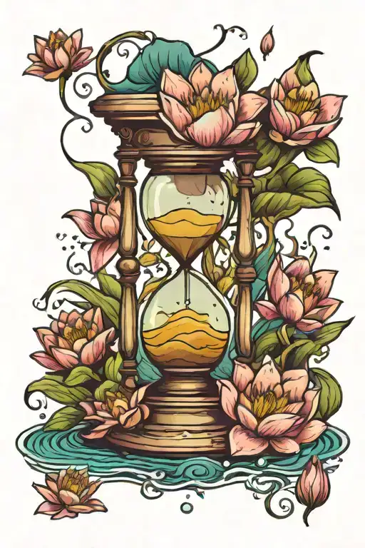 Hourglass Surrounded By Waves With Water Lilies Coming