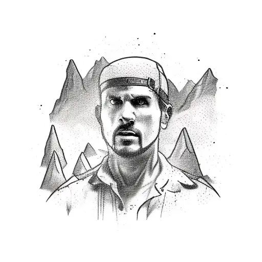 A Sketch-style Tattoo Of An Archaeologist Exploring A Mountain Cave