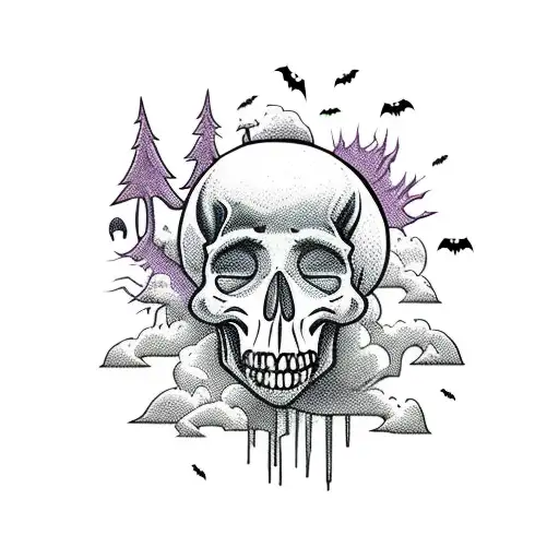 A Spooky Halloween Scene With A Lake Surrounded By Towering Skulls And A Vampire Silhouette