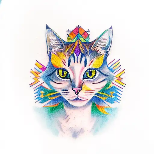 Traditional Style Tattoo Of A Multicolored Cat Sitting On A Tree Stump In A Serene Woodland Setting