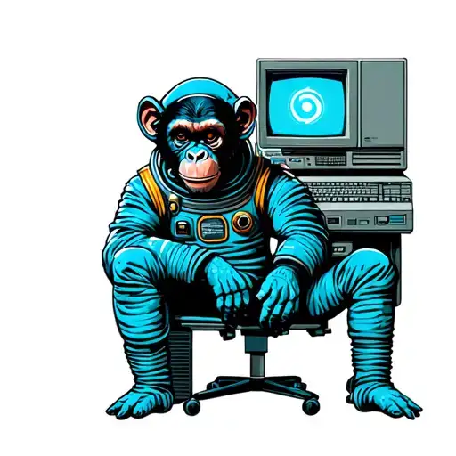 Chimpansee Wearing A Space Suit Sitting In Front Of An Old Desktop Pc