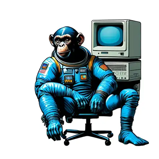 Chimpansee Wearing A Space Suit Sitting In Front Of An Old Desktop Pc
