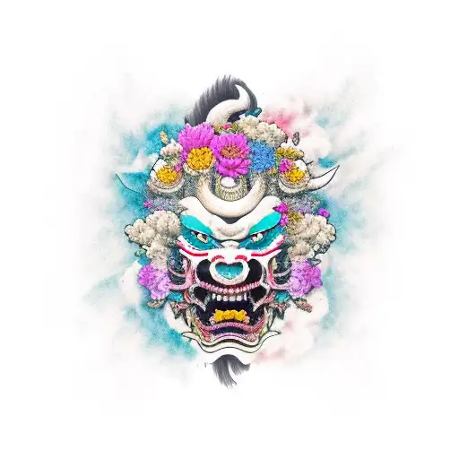 Hannya Mask With Flowers Or Japanes Cloud