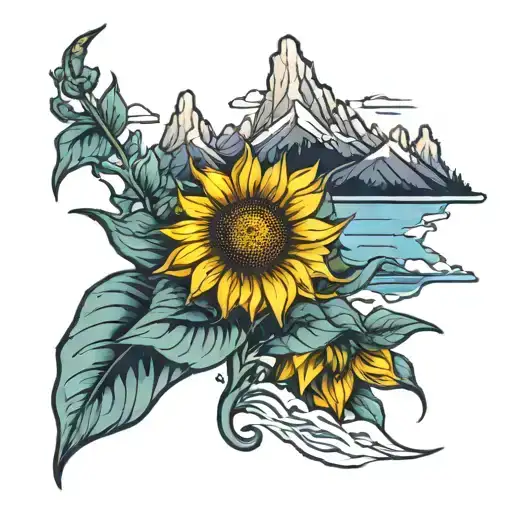 Sunflower With Mountains And Beach Scene