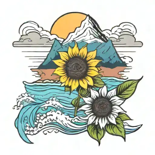 Sunflower With Mountains And Beach Scene Only One Flower