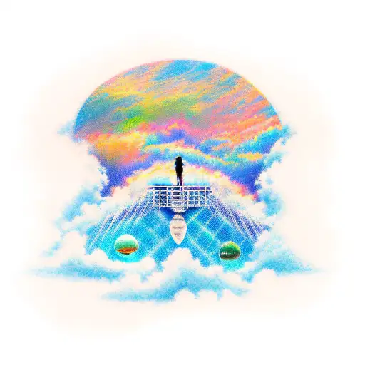 A Tatoo Showing The Backside Of A Human Looking Looking At Ocean Snd Clouds