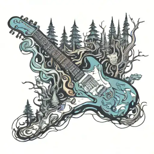A Surreal Scene Of A Forest Where The Trees Are Made Of Guitars