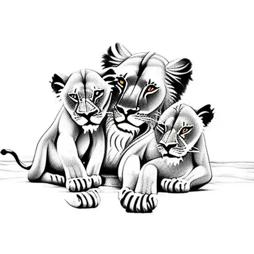 Lion Protecting Three Cubs