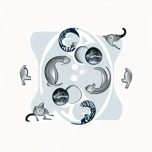 Silhouettes Of Three Cats And Two Mouses On A Low Wall With The Moon In The Background